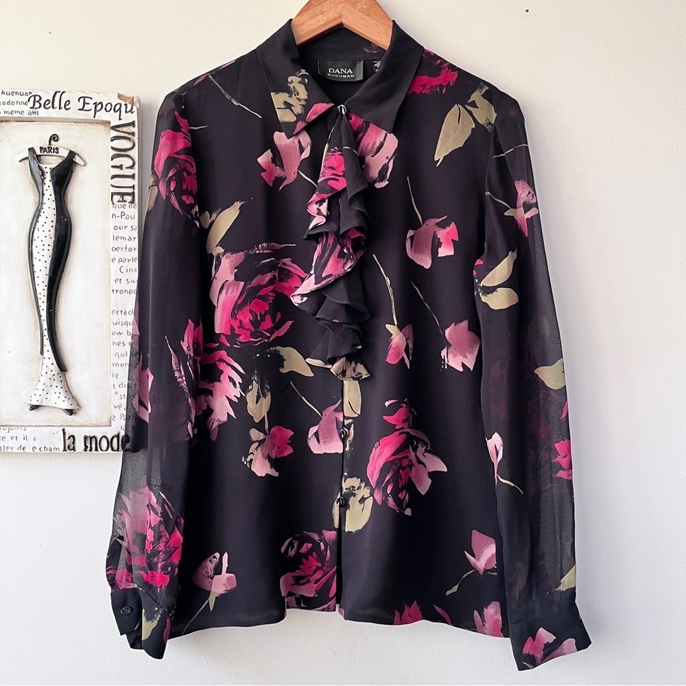 Dana Buchman 100% Silk Floral Sheer Whimsigoth Ruffle Blouse Size 6
